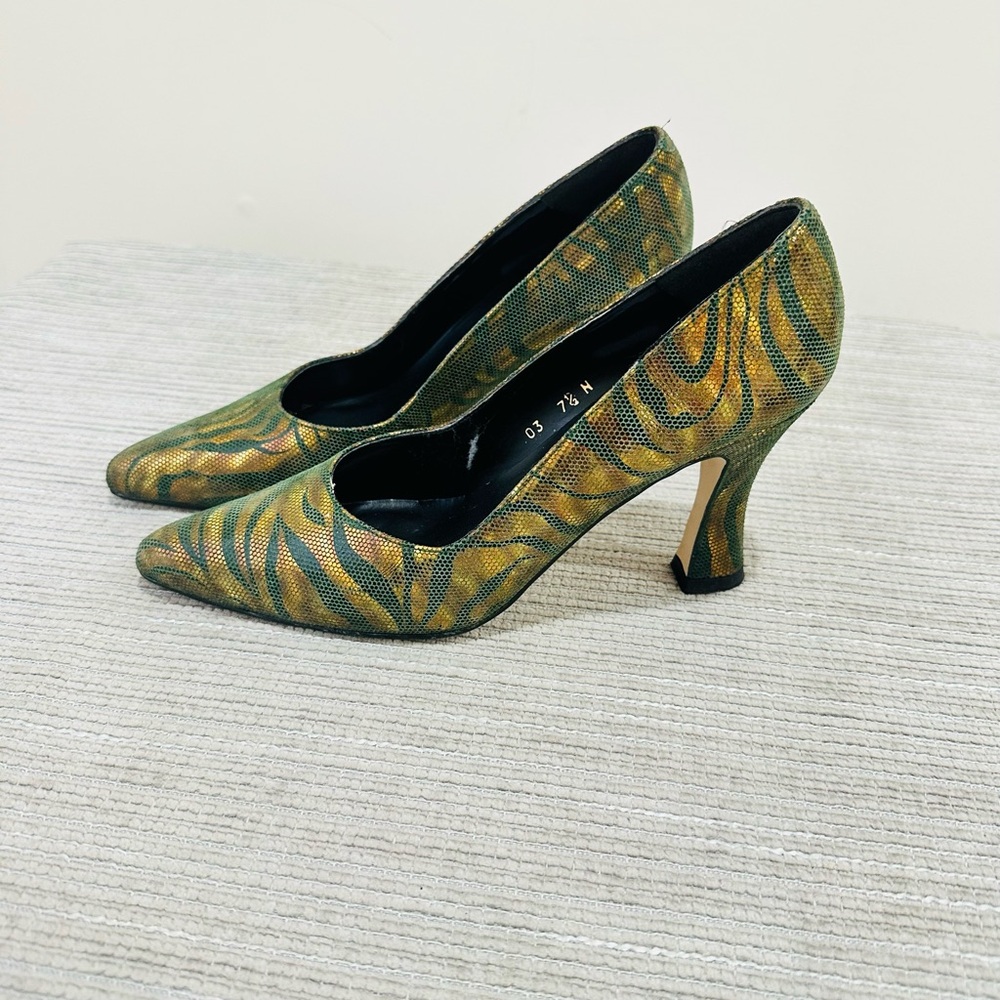 Vintage 90s Jazz Metallic Green & Gold Tiger Print Pointed Toe Pumps Size 7,5 M